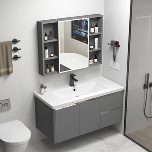 Modern Wall-Mounted Bathroom <b>Vanity</b> With <b>Led</b> Arc <b>Mirror</b> Ceramic Basin Dark Finish 60 In Contemporary Design - Product Image 5