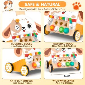 Meubles pour enfants, mobilier en bois pour tout-petits, activité 6-en-1 avec trieur de formes, labyrinthe de perles, engrenages, roues en caoutchouc - Product Image 4