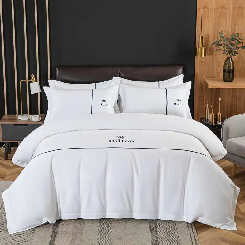 100% Cotton 60*80S 400TC Chất Lượng Cao Cấp Nữ Hoàng Kích Thước Hilton Hotel Bedding Sheet Và Comforter Set