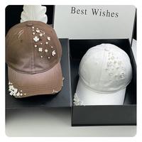 Gorra de Béisbol con Perlas y Flores Estilo Coreano para Mujer, Gorra con Visera Curva y Pedrería, Protección Solar Casual para Todas las Estaciones