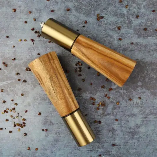 Groothandel Acacia Hout Zout En Peper Molen En Zoutvaatje Gouden Hoed Grinder Set