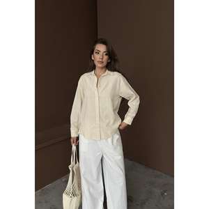 Camisa de Lino Beige Minimalista para Mujer, Transpirable, Estilo Diario, Diseño Simple, Blusa de Manga Larga - Product Image 4