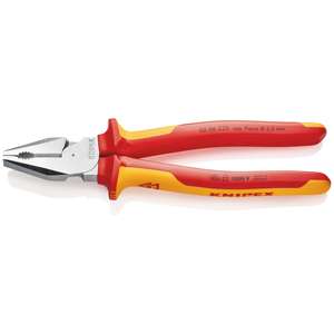 KNIPEX 02 06 225 High Leverage Combination <b>Pliers</b> insulated with multi-component grips, VDE-tested chrome-plated 225 mm - Product Image 1