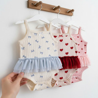 Barboteuse tutu sans manches pour bébé fille, combinaison côtelée avec imprimé cœur et nœud, jupe en tulle, tenue d'été pour nourrisson
