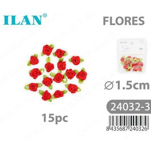 Rose in Tessuto Ilan 1,5 cm Rosse con Foglie Verdi 15 Pezzi per Decorazioni e Lavori Creativi - Product Image 1