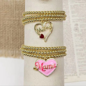 Linda Pulsera con Colgante en Forma de Corazón CZ Momma, Pulsera con Módulo de Colgante CZ Momma en Oro, Accesorio CZ Momma, Pulsera Elástica con Cuentas - Product Image 1