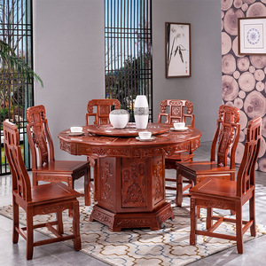 Ensemble table et chaises rondes en bois massif sculpté de style chinois, 8 pièces, avec fonction rotative, pour salle à manger à domicile ou hôtel - Product Image 3