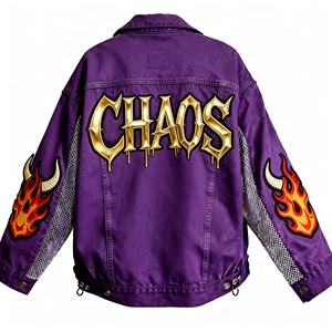 Chaqueta Vaquera Gris Extra Grande Personalizada con Bordado de Llamas |   Chaqueta Urbana de Estilo Graffiti con Parche Trasero para Hombre/Mujer - Product Image 6