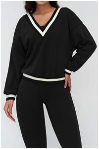 Haut en coton sexy à manches longues, col en V profond, coupe oversize, style <span class=keywords><strong>sweat</strong></span> à capuche, tissu color block, idéal pour le sport et les tenues décontractées, doux et agréable pour la peau - Product Image 2