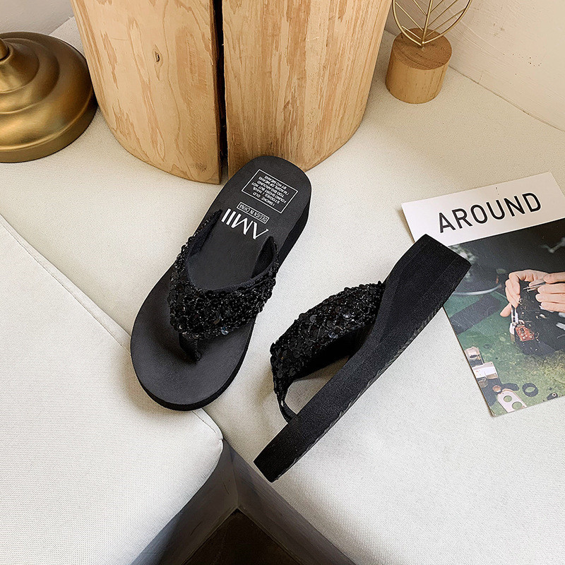 Summer Sequined Flip-flops Women Wedges Platform Slippers Beach Shoes Slipper Girls