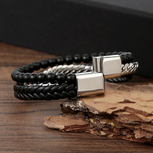Braccialetto di perline di ossidiana in acciaio inossidabile ODM Pulsera de cuero per uomo bracciale in pelle intrecciata a mano in acciaio inossidabile per uomo - Product Image 3