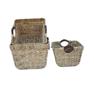 XH S/3 Square Natural Water Hyacinth Woven Utility Nesting Baskets
