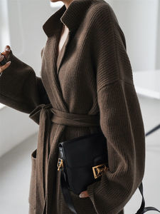 Stile retrò invernale personalizzato di alta qualità Casual tinta unita <span class=keywords><strong>cintura</strong></span> di grandi dimensioni a maglia lungo largo <span class=keywords><strong>Cardigan</strong></span> maglione donna - Product Image 5