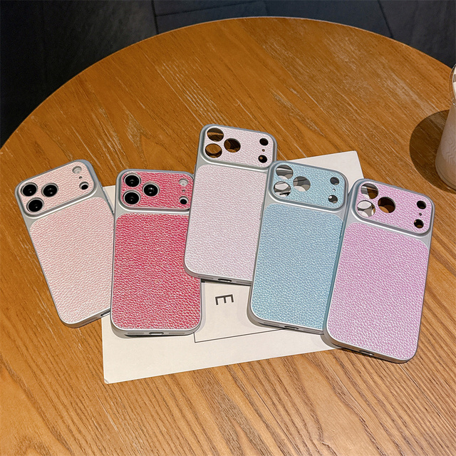 Elegant Minimalist Pastel Litchi Grain Leather Girly Phone Case for iPhone 18 17 Pro Max 16 15 Electroplated Frame Protect Cover