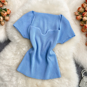 Women's Short Sleeve Square Neck Knit <b>Top</b> Short T-Shirt Fashion - Product Image 6