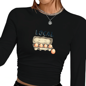 เสื้อยืดแขนยาวผู้หญิงสไตล์ Y2K พร้อมดีไซน์คอกลมผ้าถักพิมพ์ลายไข่สำหรับทุกฤดูกาล - Product Image 1