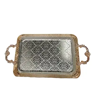 Customized Arabic Style Luxury Rectangular Metal Tray 3 Pieces Metal Serving Tray Set with Zinc Alloy Handles