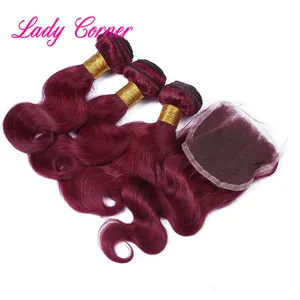 Fast shipping 10A grade body wave vietnam remy 99j red bundles with closure, free hair labels for bundles of hair and packing