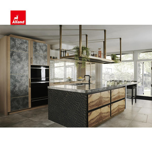 Alland Beaded Oak Breakfast Bar Puerta de vidrio Paneles de pared Acabado en madera Mármol laminado Mesa de <span class=keywords><strong>cocina</strong></span> Isla y gabinete de <span class=keywords><strong>cocina</strong></span> - Product Image 3