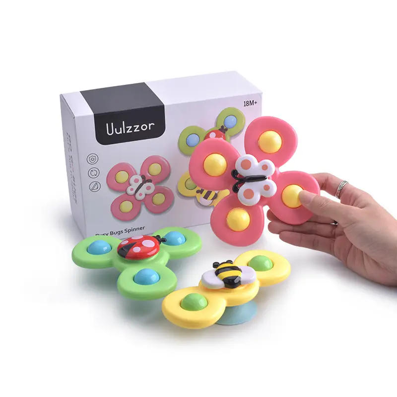 Flower suction cup turn music children's fun 3PACK insect finger spin top rattle baby bathroom toys