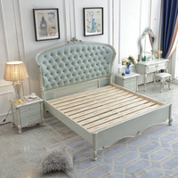 Französisches Kingsize-Bett mit Gestepptem Blauem Lederkopfteil und Geschnitztem Holzrahmen, Elegantes Schlafzimmer-Möbelset