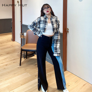 Happy Hut Jeans à jambes larges pour femmes, grande taille, patchwork coloré, noir et bleu, en coton N7732 - Product Image 2