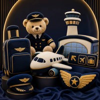 Ensemble de luxe en peluche animalière de créateur, thème aviation dorée, comprenant un avion Sky Bear et une peluche douce