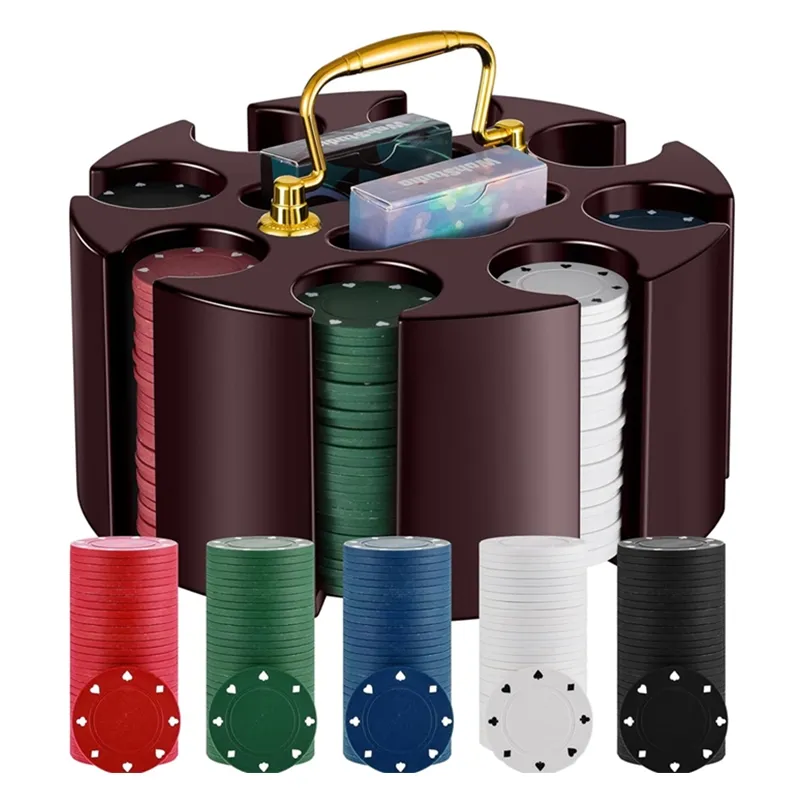 Gambling Accessory Casino Party Supplies Wood Carousel Case Holder with 200 Pcs Chips and 2 Decks of Playing Cards
