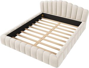 Bedroom Guestroom Shell-Shaped Headboard Beige Velvet Upholstered <strong>Floor</strong> <strong>Bed</strong> Queen Platform <strong>Bed</strong> <strong>Frame</strong> with Wooden Slat Support - Product Image 4