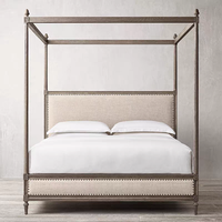 Lit à baldaquin en chêne massif sculpté à la main, style vintage français, avec panneau en tissu – Meilleure vente