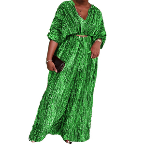 ชุดเซ็ตเสื้อครอปแขนทรงปีกค้างคาวคอวีพิมพ์ลายแบรนด์ส่วนตัว กางเกงขายาวทรงกว้าง 2 ชิ้น สำหรับผู้หญิง เป็นมิตรกับสิ่งแวดล้อม ระบายอากาศได้ดี เหมาะสำหรับฤดูร้อน - Product Image 2