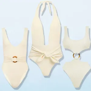 HL Manufacture Elegant White Swimwear Women 1 Piece Swimsuits High Quality Monokini Bikinis Custom Backless Crochet Swimwear