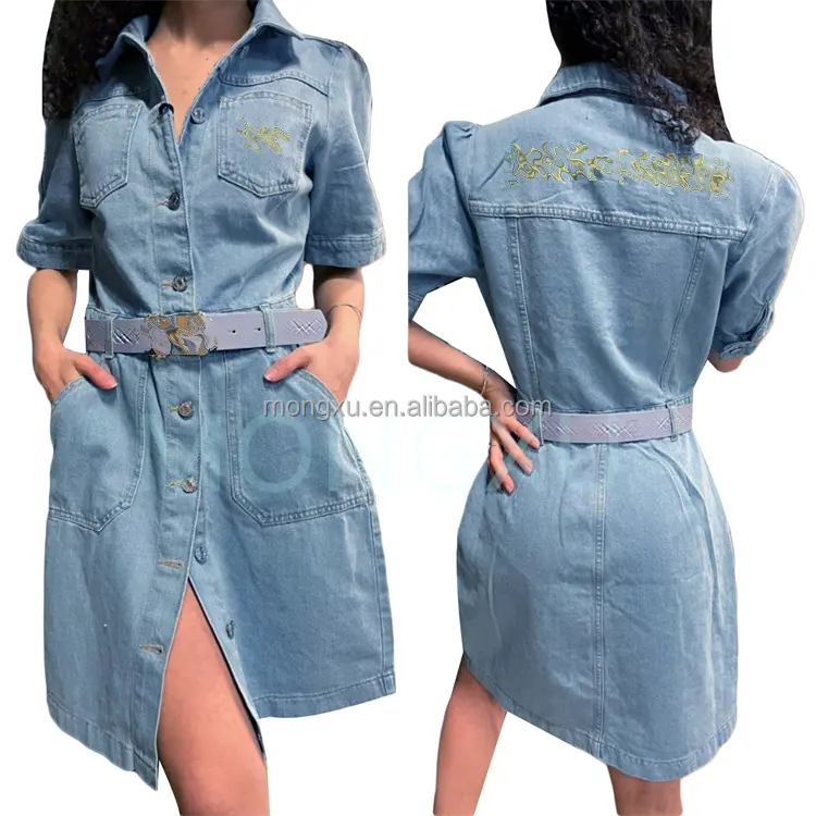 Luxury Clothes For Women Fall Jeans Dress Designer Print Casual Dress Button Down Belted Long Sleeve Knee Length Denim Dress