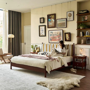 French Retro Style Solid Wood <b>Bed</b> 1.5M Platform With Soft Headboard For Bedroom - Product Image 4