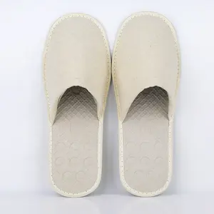 OEM ODM Luxury 5 Stars Eco Friendly Beige Cotton Cloth Upper 100% Biodegradable Paper Pulp Sole Unisex Hotel Slippers