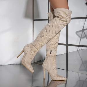 Bottes au-dessus du genou en strass tendance, sexy, à bout pointu, avec fermetures éclair latérales pour un confort optimal, en faux daim, talons hauts fins pour femmes - Product Image 5