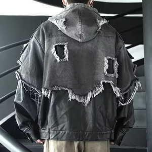 Blouson Bomber en Jean Personnalisé pour <span class=keywords><strong>Homme</strong></span> – Collection Automne <span class=keywords><strong>Hiver</strong></span> – Style Streetwear Hip Hop – <span class=keywords><strong>Manteau</strong></span> à <span class=keywords><strong>Capuche</strong></span> en Cuir Effet Vieilli avec Empiècements - Product Image 2