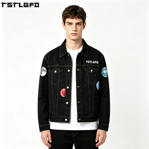 <b>Custom</b> Raw <b>Denim</b> <b>Jacket</b> Heavyweight Washed Black Planetary Pattern Men'S Outerwear Sets Clothing Manufacturers Bulk - Product Image 1