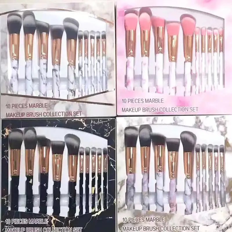 Phổ biến nhất 10pcs đá cẩm thạch trang điểm bàn chải thiết lập nhãn hiệu riêng Foundation Blusher nhà máy Bán buôn giá trang điểm công cụ với khóa túi