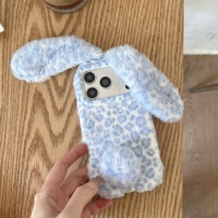 Coque Hiver Chaude en Peluche Léopard 3D avec Oreilles de Lapin pour iPhone 13 14 15 16 17 18 Pro Max – Housse Douce et Moelleuse en Fourrure de Lapin
