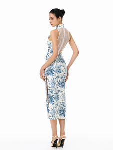 Cheongsam Personalizable de Estilo <span class=keywords><strong>Chino</strong></span> en Porcelana Azul y Blanca, Antiestático, con Costuras de Encaje, Sin Mangas, Cintura Alta, Modelo <span class=keywords><strong>A71</strong></span> - Product Image 2