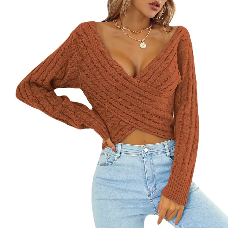 Elegant Cross V-neck Twist Long Sleeve Sexy Pullover Fashionable Women's Clothes Vintage Oversized Tops Casual Plus Size Sweater