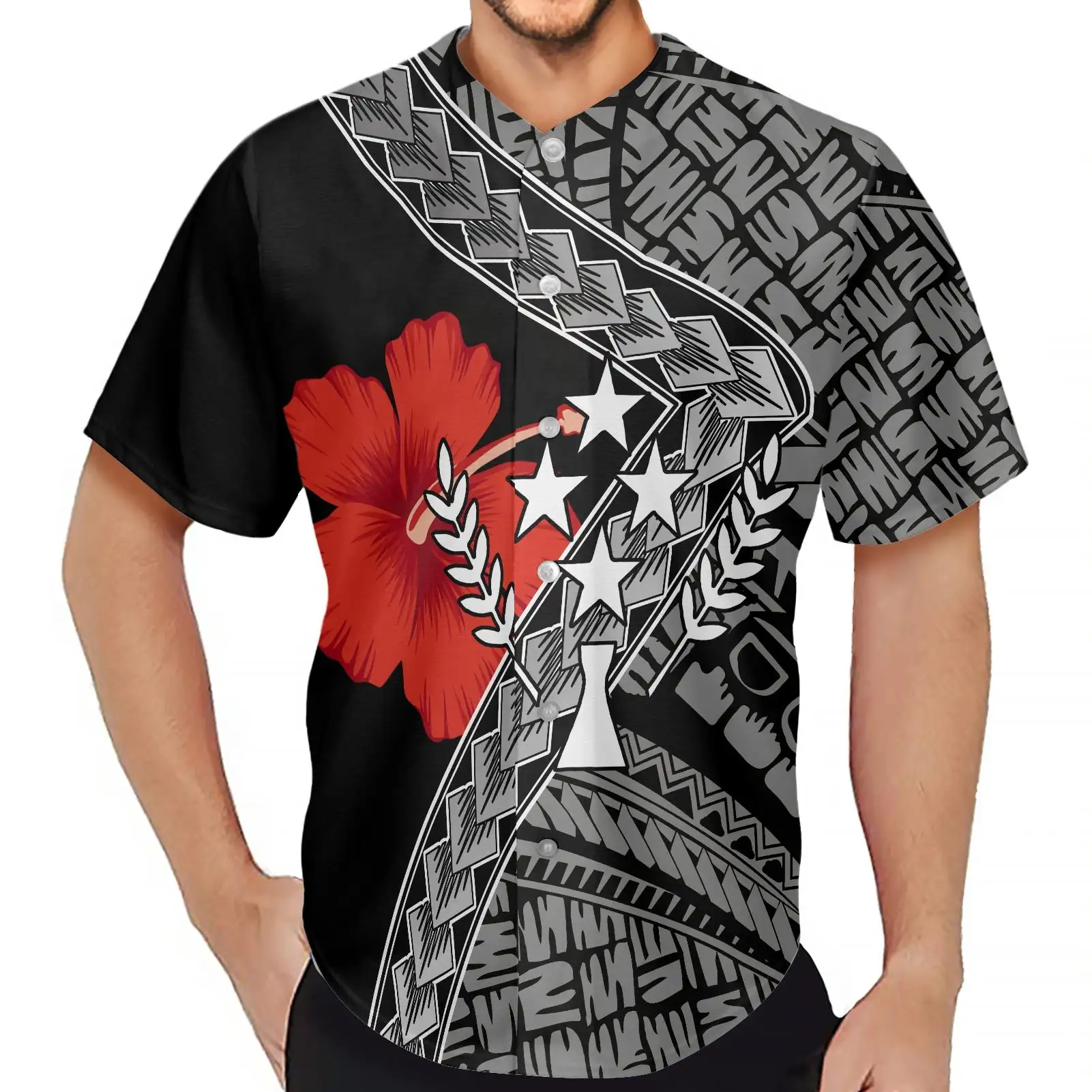 Camicetta da spiaggia a buon mercato Kosrae polinesiano ibisco tribale modello Comfort maglia da Baseball sublimata camicia sportiva maschile con basso MOQ