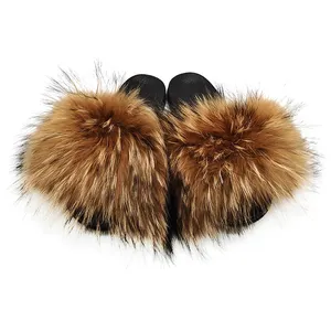 2019 natural color fur slides raccoon fur soft sandals spring and summer season raccoon slippers