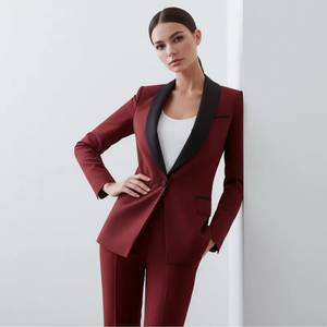 Conjunto de traje de esmoquin borgoña elegante para mujer, blazer a medida con solapa de satén negro y pantalones ajustados a juego, ropa formal elegante - Product Image 1