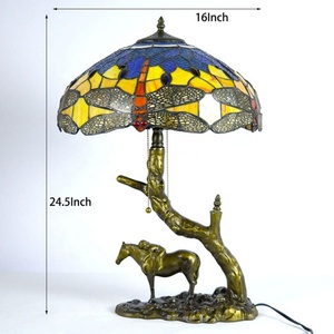 LongHuiJing 16Inch Dragonfly Tiffany Stained Glass LED Mediterranean Dome Lamp AC Resin Horse Carrying Kid Base Home Table - Product Image 3