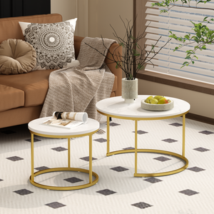 Set di 2 tavolini da caffè rotondi con piano in marmo bianco e struttura in metallo dorato, mobili per soggiorno - Product Image 4