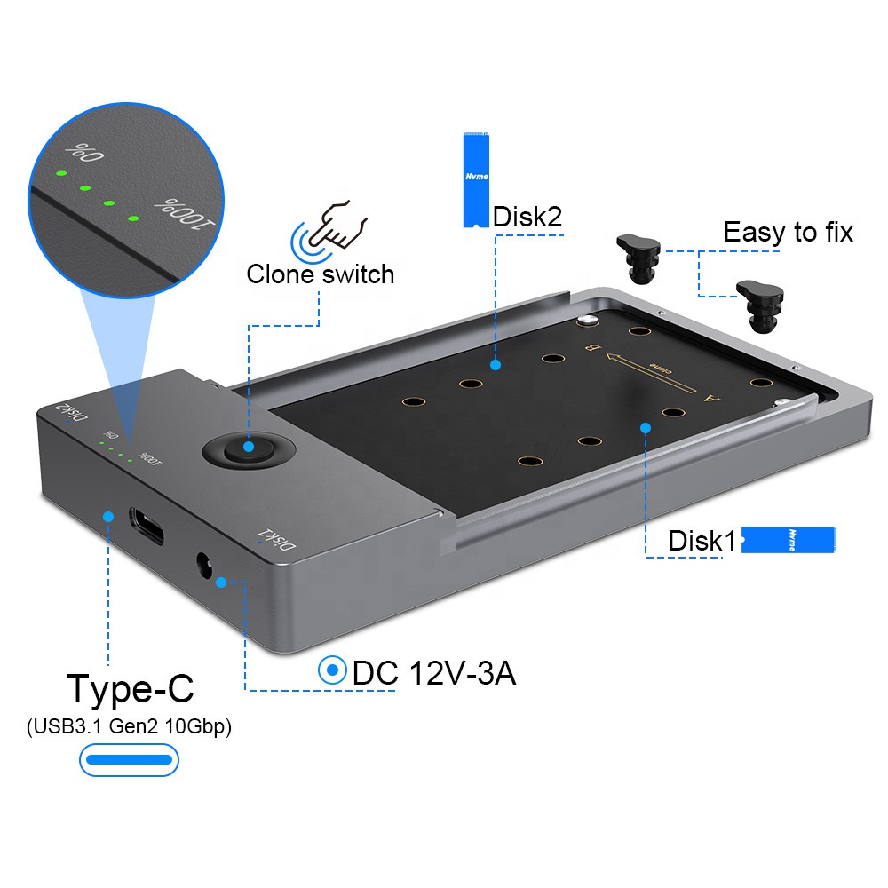 M.2 NVME en SATA harde schijf docking station, USB 3.1 Gen2 aansluiting voor M-Key|B M Key, Dual Protocol Docking Station voor SSD 2230 2242 2260 2280 SSD compatibel met
