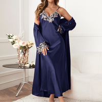 LISSE femmes Sexy brodé dentelle robe à bretelles Robe deux pièces ensemble femmes glace soie longue chemise de nuit à lacets peignoir