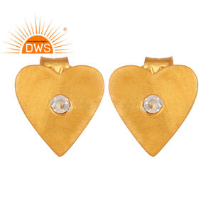 ต่างหูพลอยไวท์โทปาซทรงหัวใจ ดีไซน์เนอร์ ชุบทอง 18k บนตัวเรือนเงิน ต่างหูแบบติด  ผู้จำหน่ายเครื่องประดับ คอลเลคชั่นวินเทจ - Product Image 1